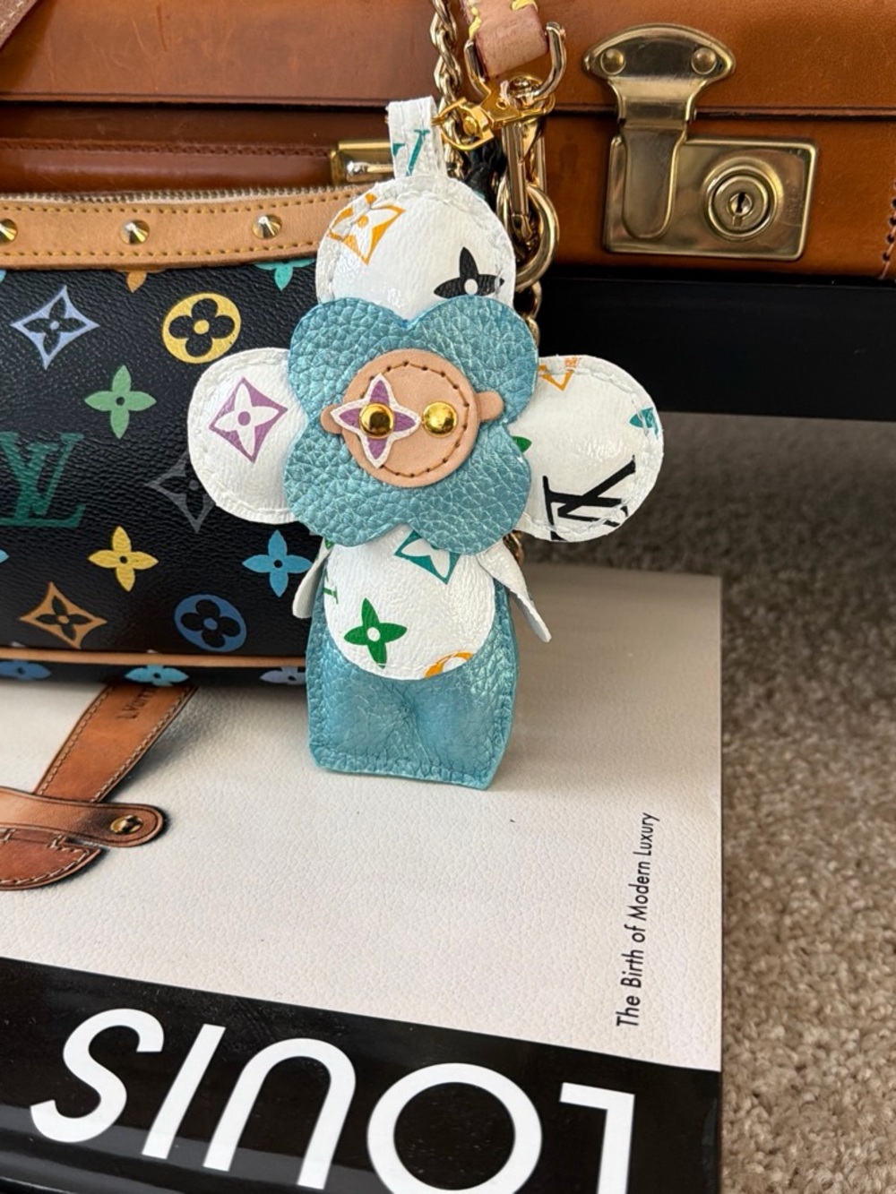 Upcycled LV Multicolor Monogram Flower Bag Charm - Blue, White & Teal